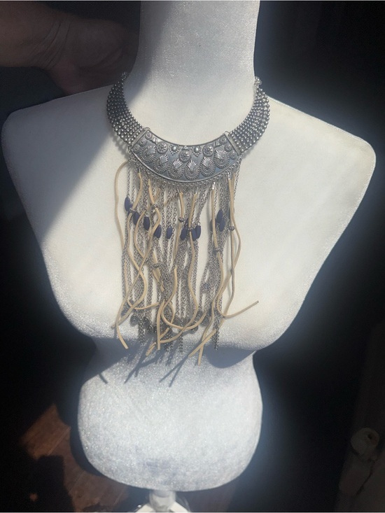 Jewelry - Boho Silver Statement Fringe Necklace with Blue Accents beige choker